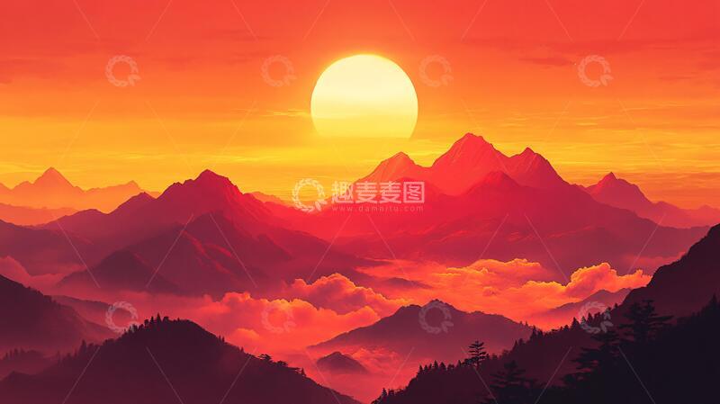 高清大图下载【趣麦麦图】红日水墨山水68