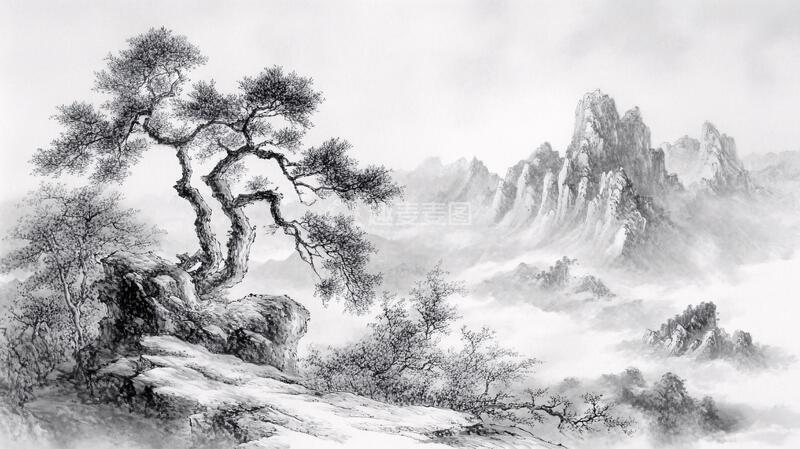 高清大图下载【趣麦麦图】水墨迎客松水墨山水山川1