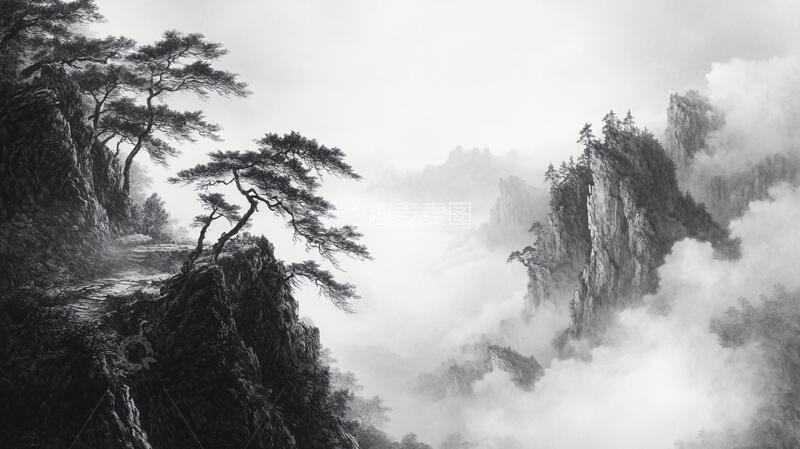 高清大图下载【趣麦麦图】迎客松水墨山1