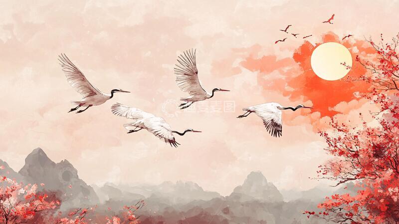 高清大图下载【趣麦麦图】仙鹤古风山水画2