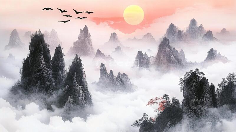 高清大图下载【趣麦麦图】日出山水画水墨山水日出