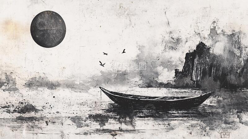 高清大图下载【趣麦麦图】水墨船墨痕飞鸟1