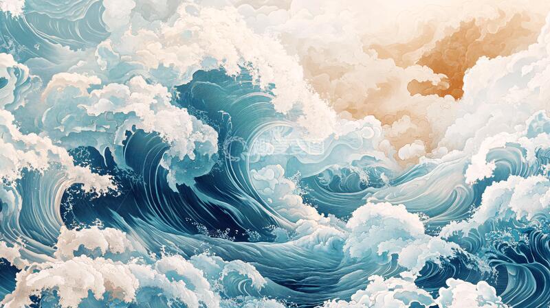 高清大图下载【趣麦麦图】古风海浪包装插画6