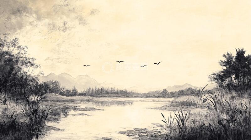 高清大图下载【趣麦麦图】黄昏水墨画插画古风手绘