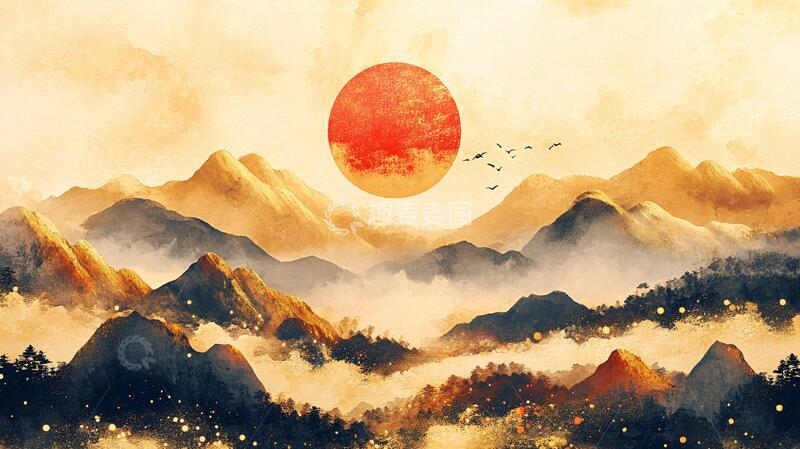 高清大图下载【趣麦麦图】红日水墨山水63