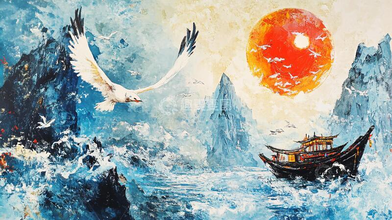 高清大图下载【趣麦麦图】仙鹤海浪旭日东升1