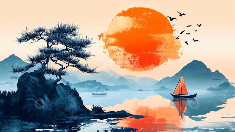 高清大图下载【趣麦麦图】红日水墨山水58