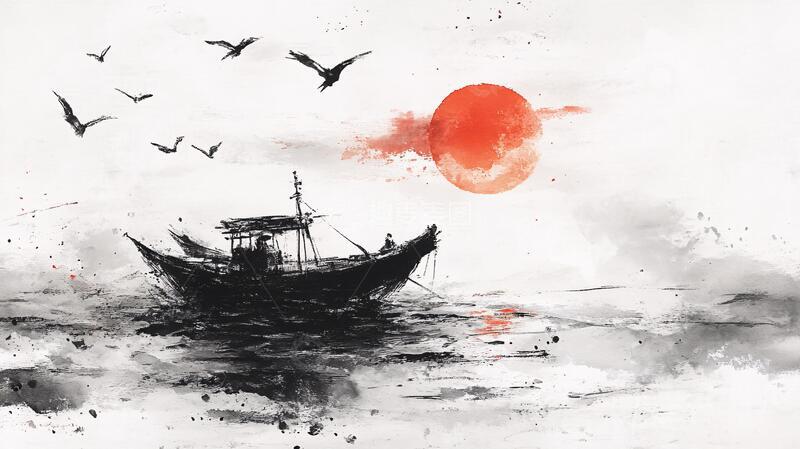 高清大图下载【趣麦麦图】红色小舟水墨画