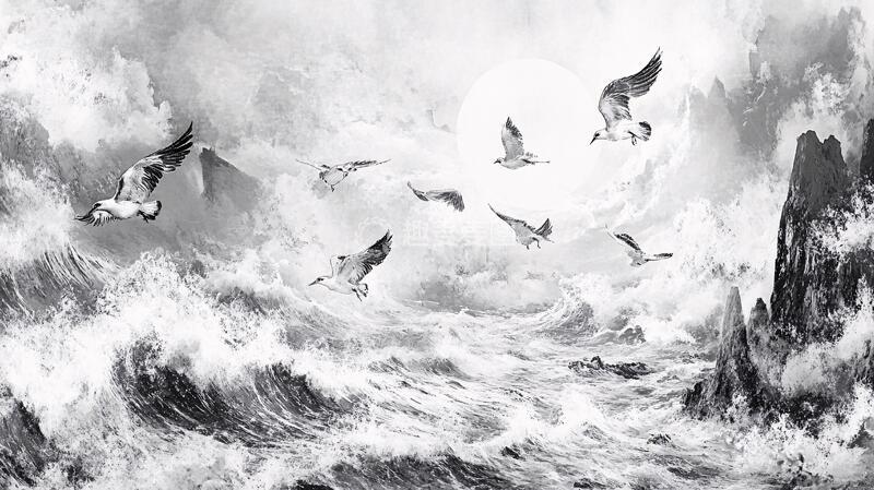 高清大图下载【趣麦麦图】仙鹤海浪背景1