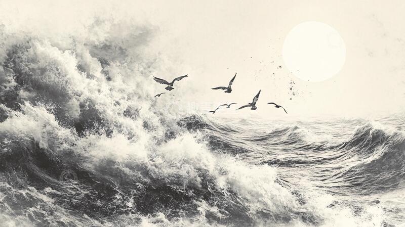 高清大图下载【趣麦麦图】仙鹤海浪背景