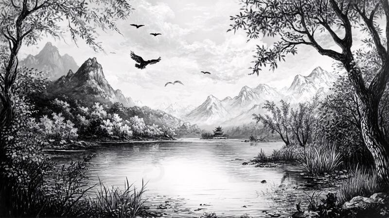 高清大图下载【趣麦麦图】黑白风景画古风场景风光