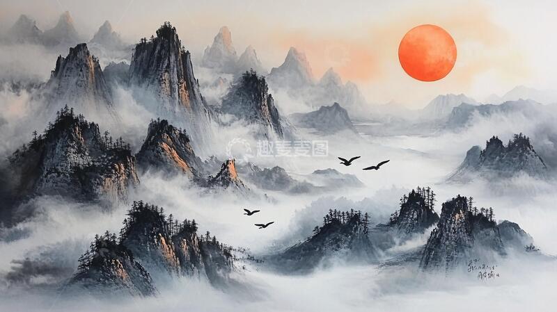 高清大图下载【趣麦麦图】旭日东升画山水水墨红日