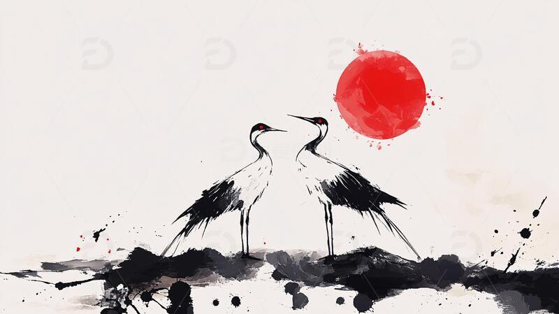 高清大图下载【趣麦麦图】水墨仙鹤仙鹤水墨山水