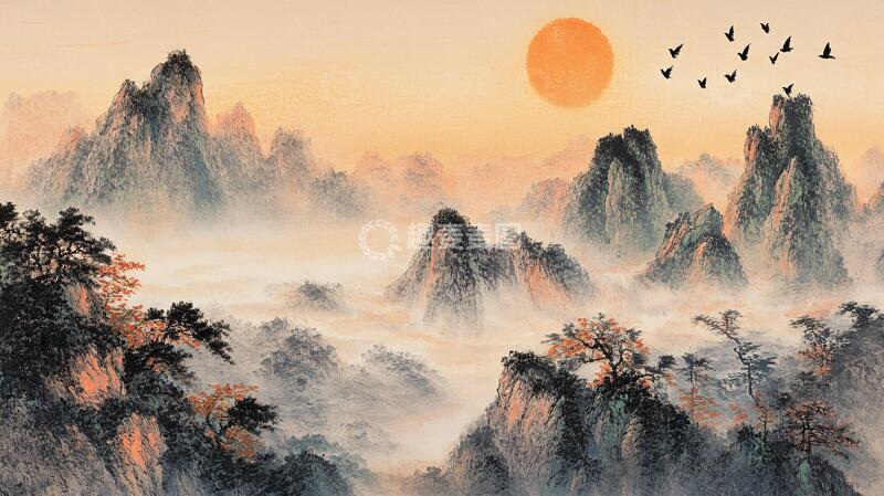 高清大图下载【趣麦麦图】旭日东升水墨山水2