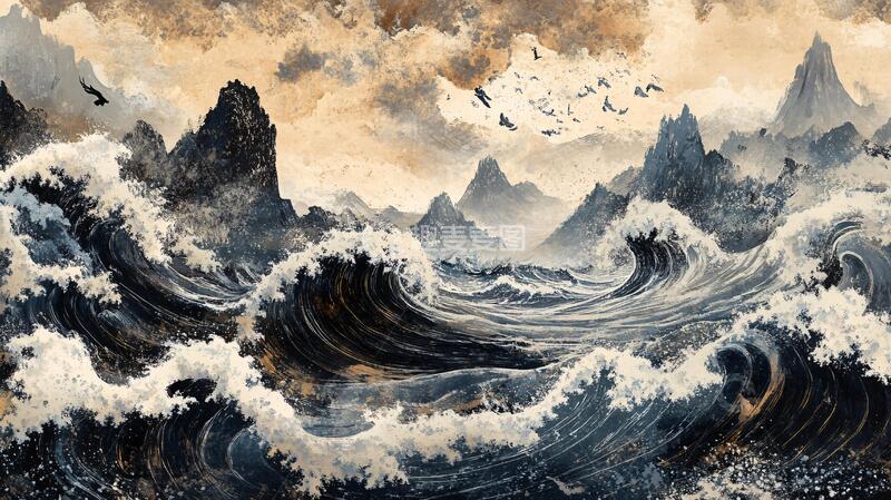 高清大图下载【趣麦麦图】新中式海浪中式壁画古风