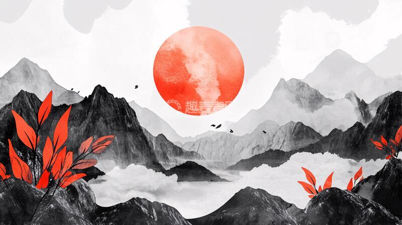 高清大图下载【趣麦麦图】红日水墨山水66