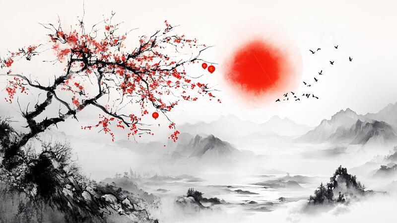 高清大图下载【趣麦麦图】红日水墨山水67