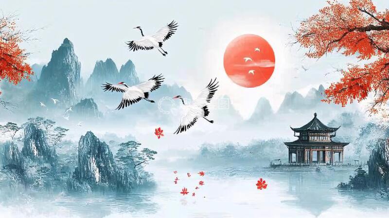 高清大图下载【趣麦麦图】仙鹤楼阁古风山水画7