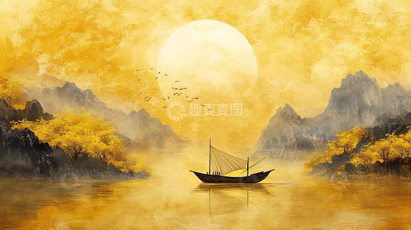 高清大图下载【趣麦麦图】新中式水墨湖山秋月