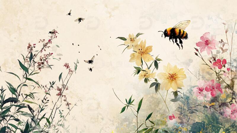 花丛蜜蜂画手绘蜜蜂花鸟