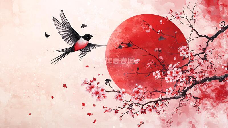 高清大图下载【趣麦麦图】古风红梅花鸟插画