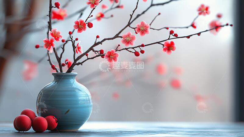 高清大图下载【趣麦麦图】红梅插瓶桃花花瓶禅意