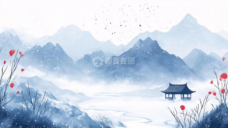 高清大图下载【趣麦麦图】雪景山水插画1
