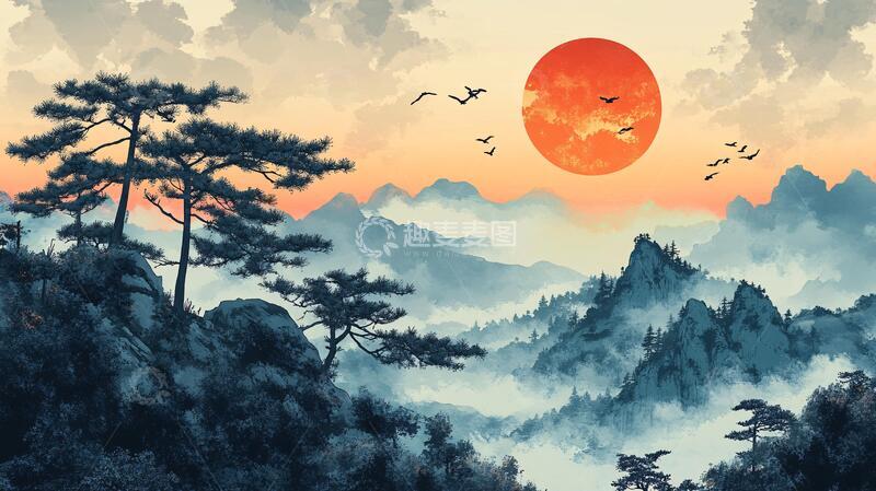 高清大图下载【趣麦麦图】红日水墨山水57