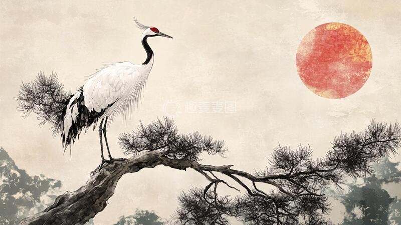 高清大图下载【趣麦麦图】松鹤延年仙鹤松树水墨