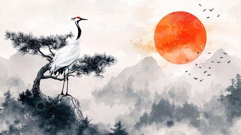 高清大图下载【趣麦麦图】旭日东升仙鹤插画1