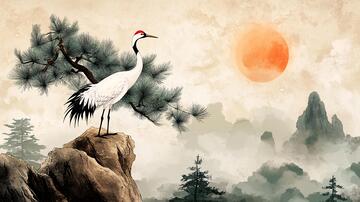 山水松鹤仙鹤松树山水