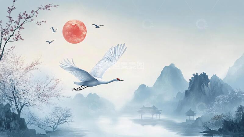 高清大图下载【趣麦麦图】仙鹤古风山水插画4