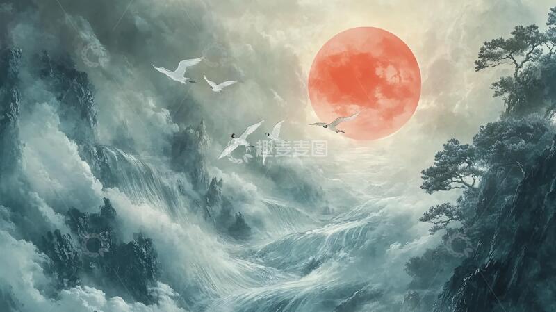 高清大图下载【趣麦麦图】仙鹤海浪旭日东升