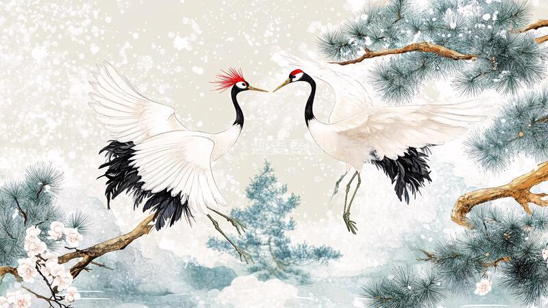 高清大图下载【趣麦麦图】松树白鹤仙鹤