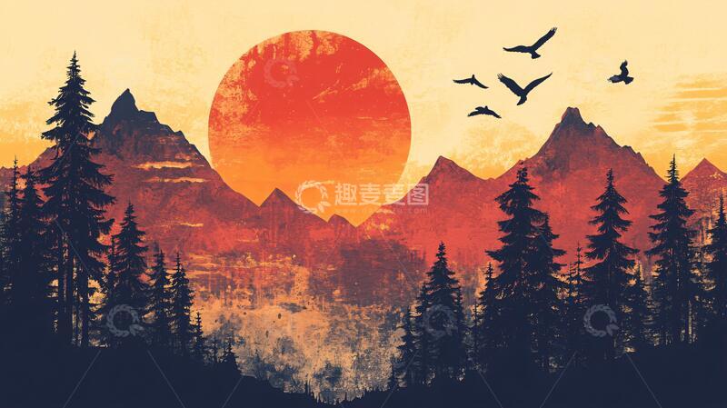 高清大图下载【趣麦麦图】日落水墨画日落群山5