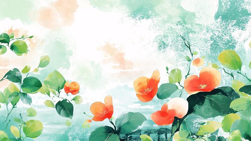 高清大图下载【趣麦麦图】水墨手绘花绿色调背景