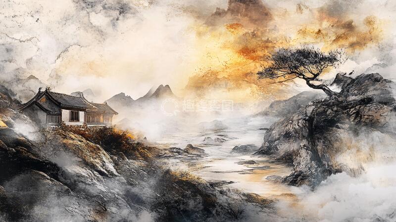 高清大图下载【趣麦麦图】禅意山水数码水墨画