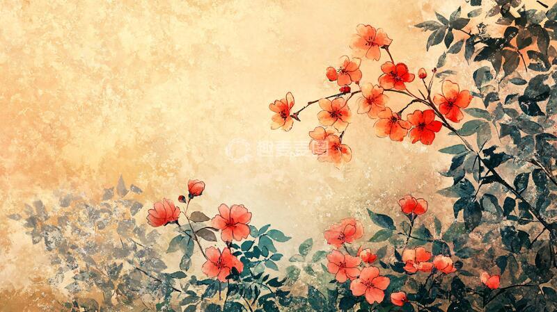 高清大图下载【趣麦麦图】石榴花壁画花卉手绘壁画