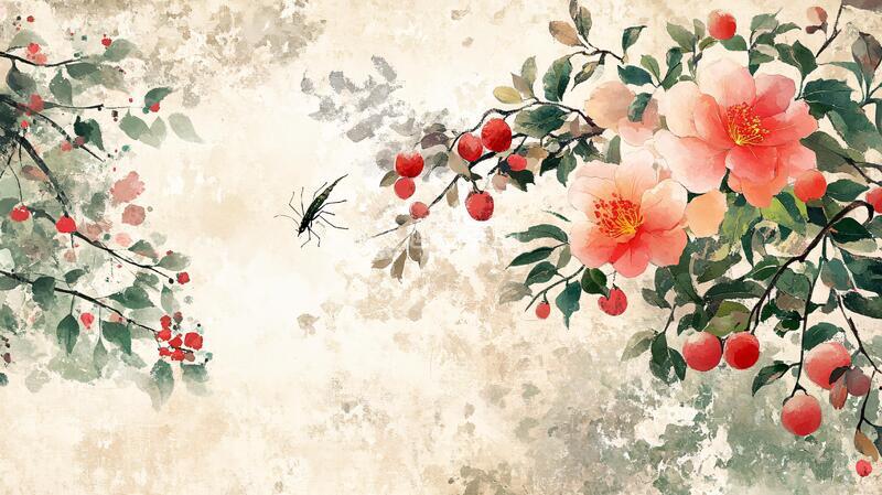 高清大图下载【趣麦麦图】手绘水彩梅花花鸟壁画