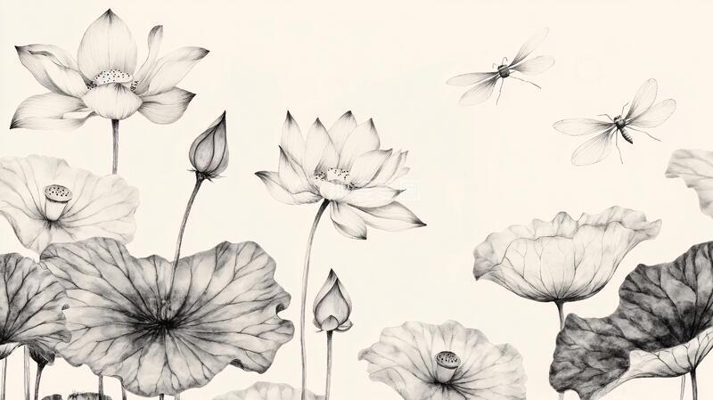 高清大图下载【趣麦麦图】手绘水墨荷花背景墙