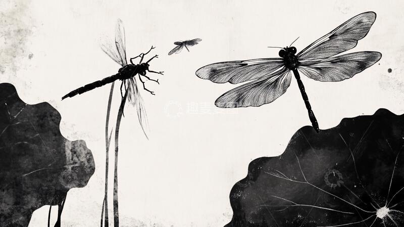 高清大图下载【趣麦麦图】蜻蜓荷花插画