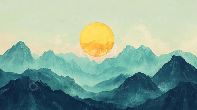 高清大图下载【趣麦麦图】山意境插画插画意境日落