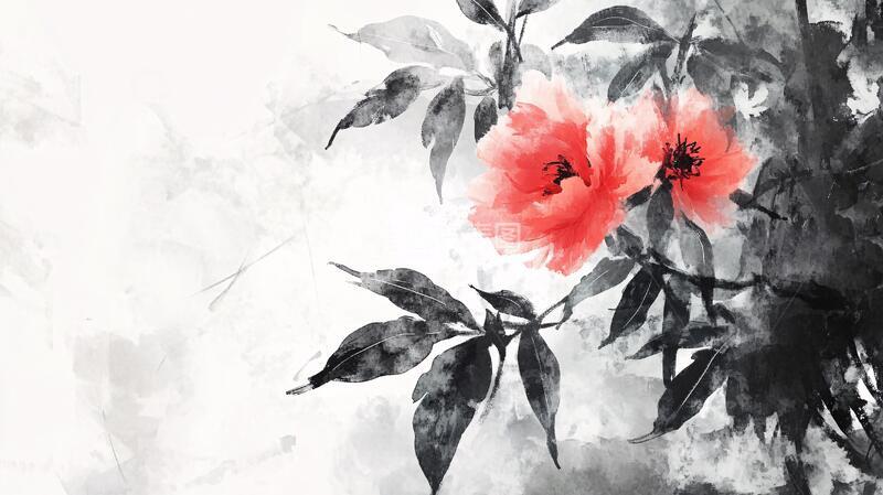 高清大图下载【趣麦麦图】水墨扶桑花水墨背景花卉