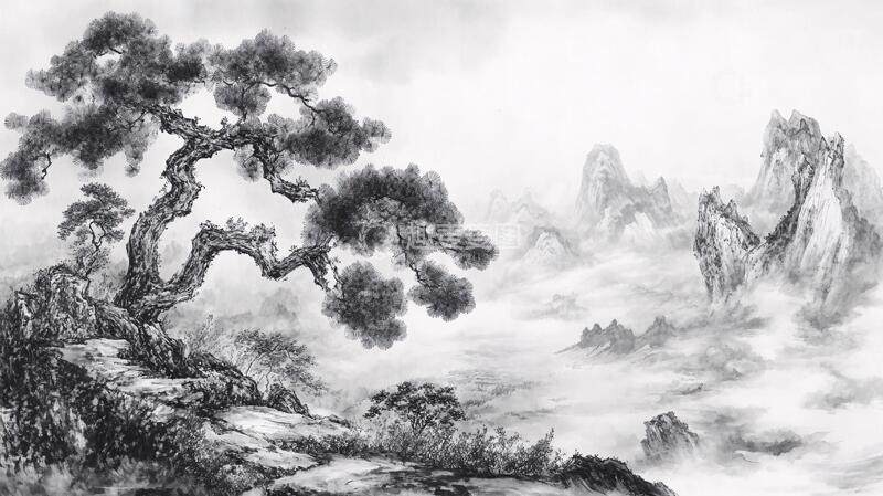 高清大图下载【趣麦麦图】水墨迎客松水墨山水山川