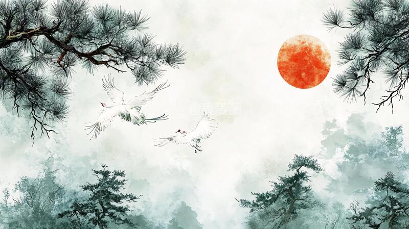 高清大图下载【趣麦麦图】梅花仙鹤旭日东升1