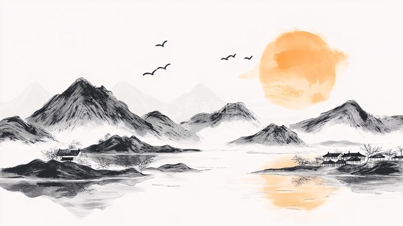 高清大图下载【趣麦麦图】中式山湖插画2