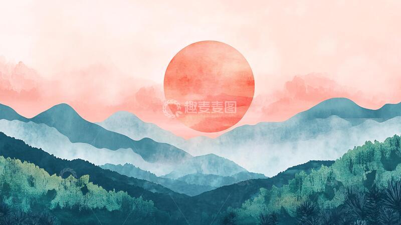 高清大图下载【趣麦麦图】红日水墨山水50