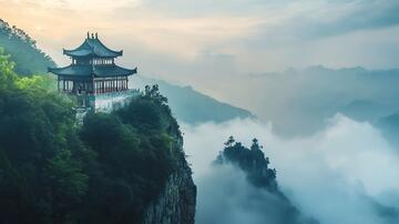 尧山早晨云雾古刹武当