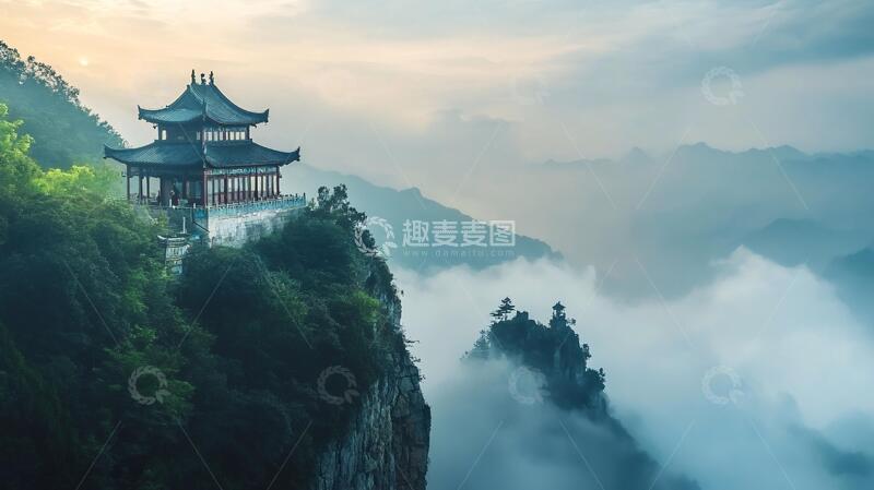 高清大图下载【趣麦麦图】尧山早晨云雾古刹武当