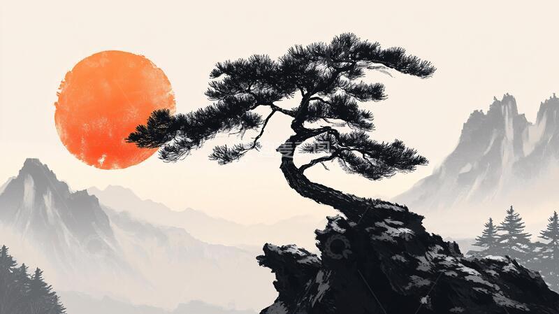 高清大图下载【趣麦麦图】迎客松水墨山川3